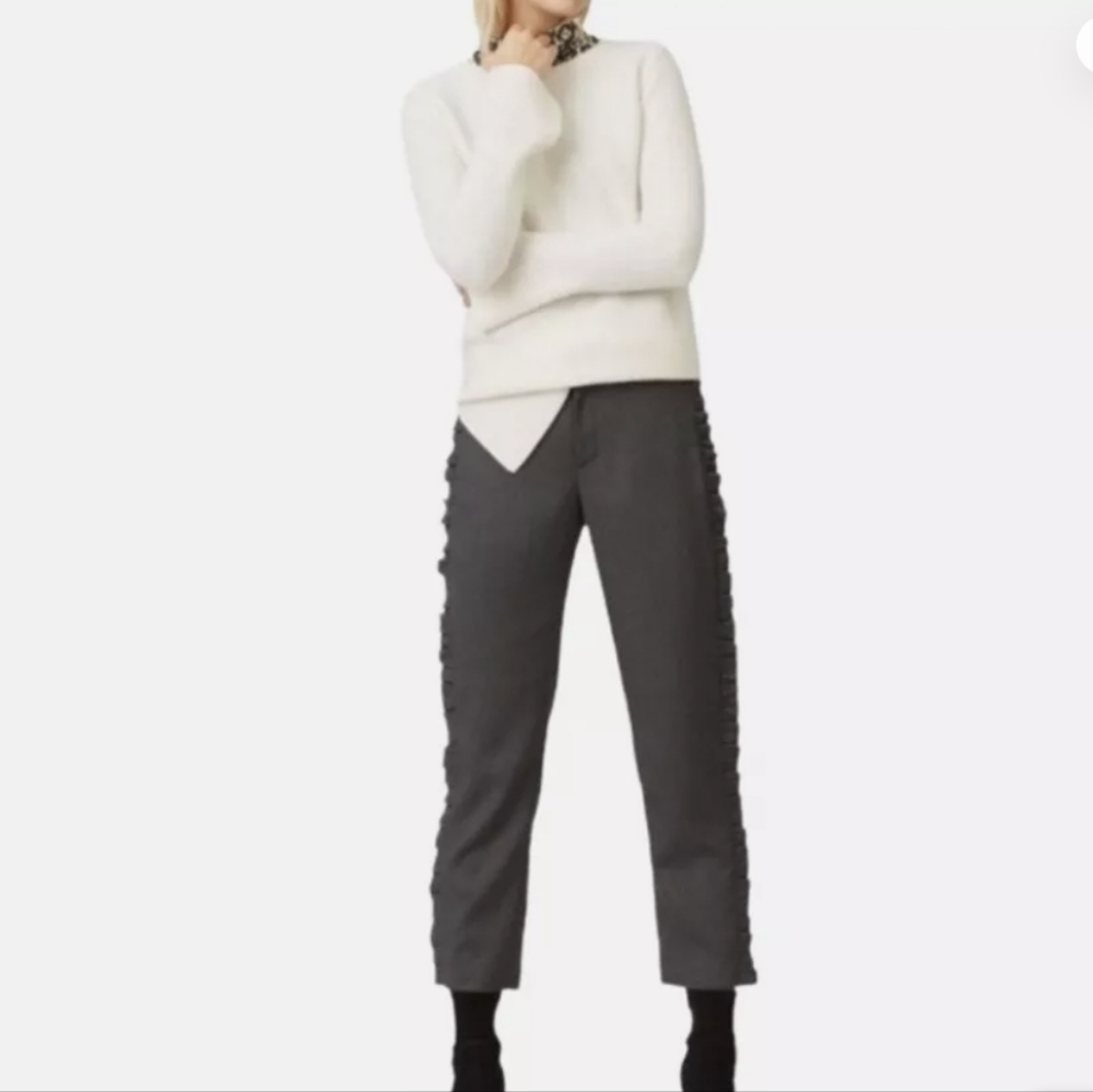 NWOT! CLUB MONACO Dark Gray Ruffle Trim Cropped Straight Leg Trouser Pants 0